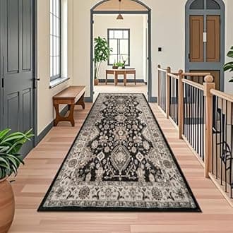 TOPRUUG Washable Hallway Runner Rug 4x10: Non Slip Runner Rugs with Rubber Backing Soft Kitchen Rug Farmhouse Distressed Carpet Runner for Living Room Bedroom Bathroom (Black, 4X10)