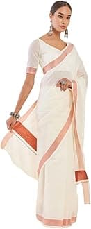 Women's Kerala Kasavu Plain Cotton Saree With Running Blouse Piece (100% Cotton) (Saree 5.5 meter, Blouse 0.8 meter)