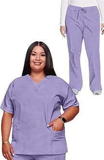 Cherokee Scrub set for women Traditional Fit Dolman Sleeve, V-neck Top 4700 Natural Rise Flare Leg Drawstring Pant 4101