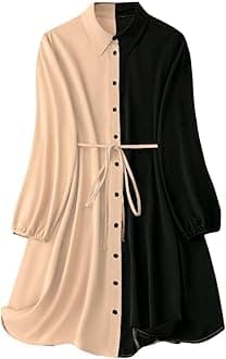 Leriya Fashion Women's Colorblock Shirt Dress Long Sleeve Tunic Belt Stylish Casual Wear