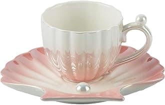 Pearl Shell Cup Ceramic Wide Mouth European Style Coffee Cup and Saucer Set Idyllic Afternoon Tea Cup Tea Set (D As The Picture Shows)