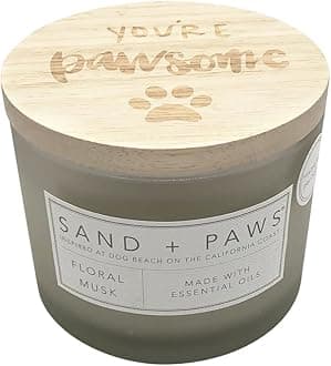 Sand + Paws Scented Candles | Floral Musk | Made with Essential Oils | 2 - 100% Cotton Lead-Free Wicks | Neutralizes Pet Odor | 12 oz | Carved Wood lid "You're Pawsome"