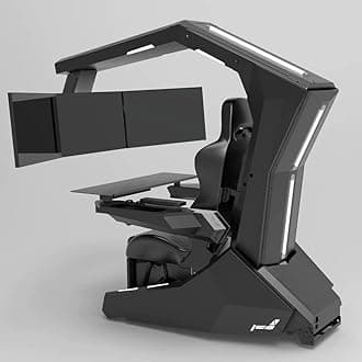 Imperatorworks R1 Pro Black Racing PU Gaming Chair Computer Cockpit Gaming Workstation with Massage and Speakers Starlight RGB Support 3 Monitors Distance Adjustable