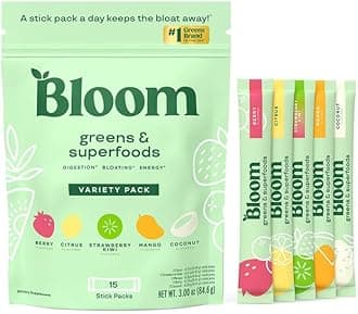 Bloom Nutrition Superfood Greens Powder Stick Packs, Digestive Enzymes with Probiotics and Prebiotics, Gut Health, Bloating Relief for Women, Chlorella, Green Juice Mix, 15 SVG, 5 Flavor Variety