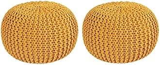 Bezzilish Home Pouf for Living Room Sitting Round Ottoman Bean Filled Stool for Foot Rest Home Furniture Rope Twisted Yellow Bean Bag - (Pack of 2)