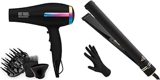 Hot Tools Professional Rainbow Turbo Ceramic Hair Dryer | 1875W Powerful and Quiet Blowouts & Pro Artist Black Gold Evolve Ionic Salon Hair Flat Iron | Long-Lasting Finish for Straightening Hair,