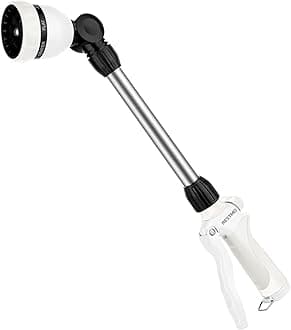 RESTMO Metal Watering Wand, Heavy Duty Garden Hose Wand with 180° Swivel Ratcheting Head, 16'' Hose Nozzle Sprayer with 7 Spray Patterns and Flow Control, for Water Hanging Baskets and Shrubs, White
