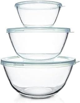 Luvan Glass Mixing Bowls with Lids Set(4.5QT, 2.7QT, 1.1QT)-Large Glass Mixing Bowls, Clear Salad Bowl for Baking, Cooking, Serving, Food Prep, 3PC Nesting Bowls for Kitchen Storage & Dishwasher Safe