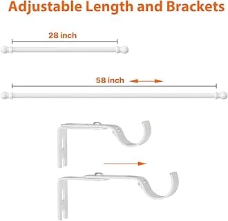 White Curtain Rods 28 to 60 inch, Heavy Duty 1 inch Window Curtain Rod with adjustable Brackets, Easy Install Drapery Rod, Splicing Adjustable Rods, Ball Finials, White