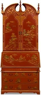 ChinaFurnitureOnline Wooden Oriental Secretaire Desk, Red Chinoiseries Motif - with Free Inside Delivery