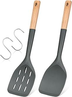 Pack of 2 Silicone Spatula, Non Stick Cooking Utensil Set Wooden Handle Kitchen Turner for Baking Mixing Grilling Serving Food Heat Resistant Non Scratch Hooks Included (Grey)