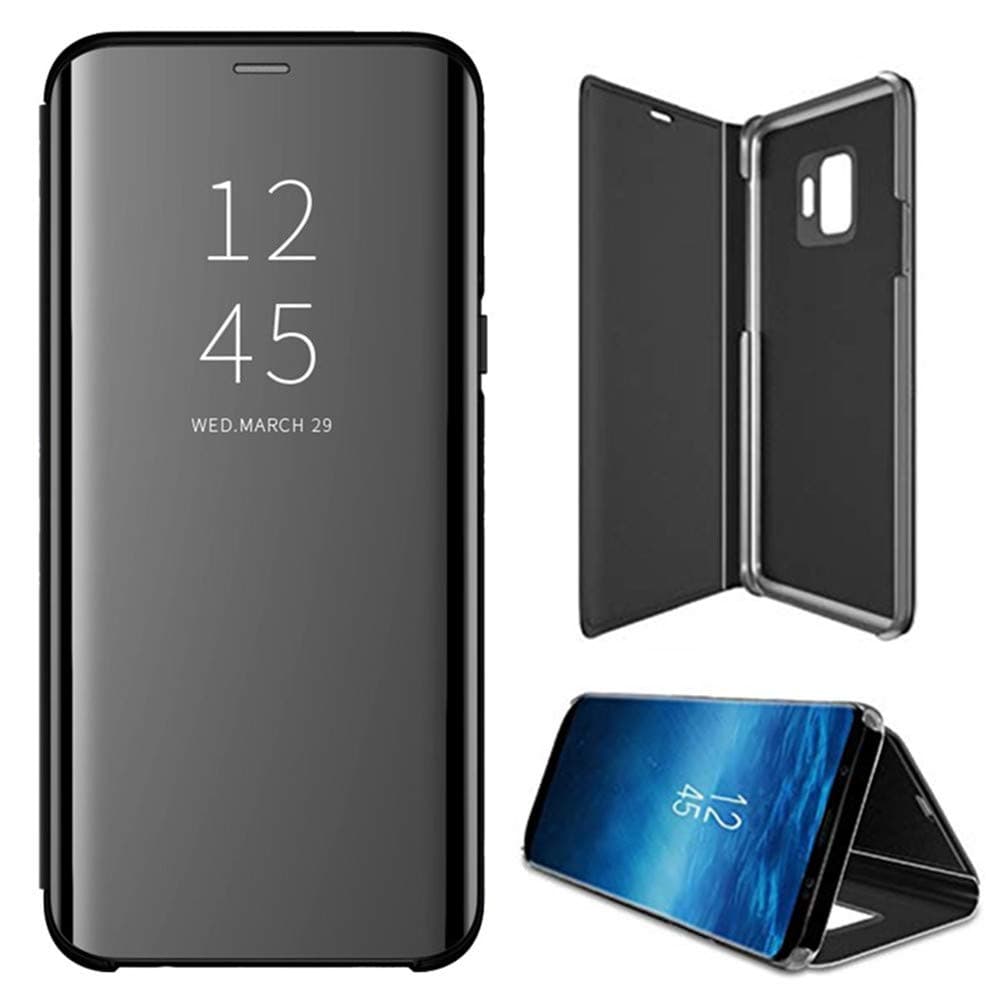 ZEPIN Galaxy S9 Plus Case, Luxury Clear View Window Front Smart Sleep/Wake Up Function Mirror Screen Flip Electroplate Plating Stand Full Body Protective Cover Case for Samsung Galaxy S9 Plus (Black)
