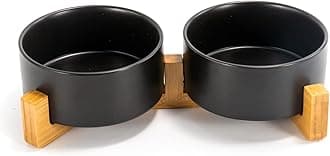 SPUNKYJUNKY Ceramic Dog and Cat Bowl Set with Wooden Stand, Modern Cute Weighted Food Water Set for Small Size Dogs (13.5OZ ) & Medium Sized Dogs (28.7OZ) & Cats (3.6 Cups, 2 × Black)