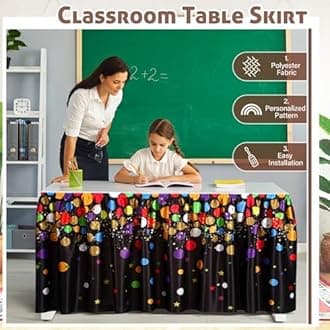 29 in x 9 ft Confetti Table Skirt for Teacher Desk Rectangular Tablecloth Skirt Colorful Boho Desk Skirts for Teacher Classroom Decorations School Themed Party Supplies