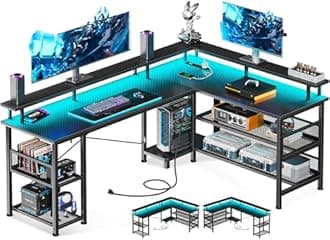 ODK 59" L Shaped Gaming Desk with Power Outlet and LED Lights, PC Gaming Table with USB Ports, Reversible L Shape Desk with Storage Shelves & Monitor Stand, Home Office Desk, Black Carbon Fiber