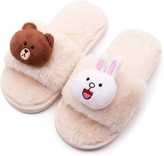 techcity Boys Girls Fuzzy House Slippers Cute Comfy Faux Fur Slip On Fluffy Plush Open Toe Home Slides for Kids Indoor Outdoor Warm Shoes