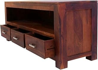 Wood World Wood Multipurpose Entertainment TV Unit Cabinet with 3 Drawer and 1 Shelf Storage for Home Living Room Solid Wooden Furniture for Hall & Office Décor