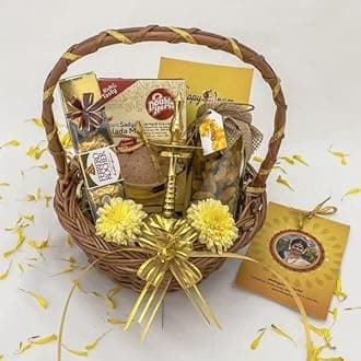 Angroos onam gifts hamper basket with Nilavilakku and jaggery chips, Ferrero Rocher 4 pieces, Payasam Mix, Photo card and greeting card