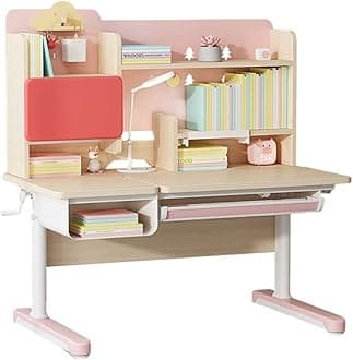 FCD Wood Adjustable Height Ergonomic Kids Study Desk Drafting Table Computer Station Built-in Bookshelf Hutch Multi Function Desktop 43.3" Width (Pink)