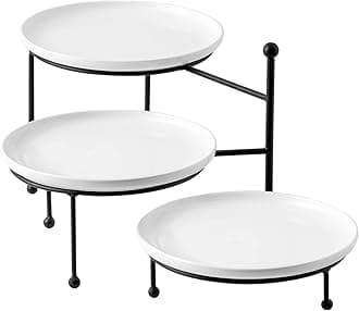 3 Tiered Serving Stand with White Porcelain Plates, 10" Round Tray, Dessert Table Display Set, Black Metal Stand, Versatile & Durable