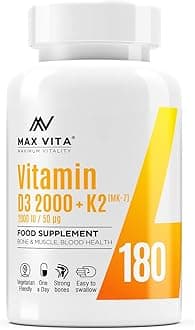 Vitamin D3 2000 IU K2 (MK-7) 100mcg - High Strength Vegetarian 180 Tablets - D3 K2 Cholecalciferol & Menaquinone from Natto - Bones Muscle Teeth Immune System Support - UK Made Non GMO