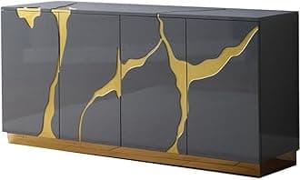 Taylor 66" High Gloss Lacquer Sideboard with Gold Accents & Base, Modern Storage Cabinet, 4 Door Panels, Buffet for Dining Room or Living Room Storage, Rectangle Credenza (Grey)