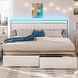 LIKIMIO Full Size Bed Frame with Armrests Headboard & RGB Light, Modern Upholstered Bed Platform with Drawers, No Box Spring Needed, Study & No Noise Gold and White