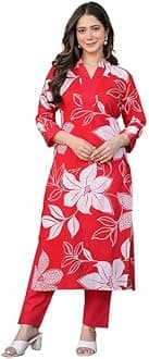MEERA FAB Women's Pure Cotton Printed Ethnic Wear Straight Kurta Set with Palazzo Pants
