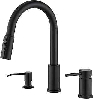 Tohlar Kitchen Faucets with Soap Dispenser Solid Stainless Steel Kitchen Faucet with Pull Down Sprayer 3 Modes Matte Black Modern Kitchen Sink High Arc Single Handle Faucet