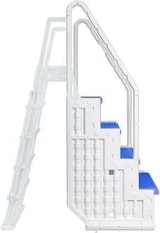Aqua Select Everest in Pool Step and Outside Flip Up Ladder System | White with Blue Steps | for Above Ground Swimming Pools | Wide Steps for Added Stability | Safety Stairs Capacity Up to 350 lbs