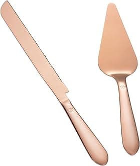 Wedding Cake Knife and Server Set, Integral Stainless Steel Longer Cake Cutter and Wider Pie Spatula, Elegant Cake Cutting Serving Set for Party Birthday Christmas Bridal Shower Set of 2, Rose Gold