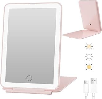 FUNTOUCH Rechargeable Travel Makeup Mirror with 72 Led Lights, Portable Lighted Makeup Mirror, 3 Color Lighting, Dimmable Touch Screen, Type C, Tabletop LED Folding Cosmetic Vanity Mirror (Pink)