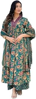 MEERA FABWomen's Cotton Blend Anarkali Printed Kurta with Palazzo & Dupatta