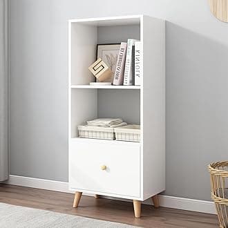 IOTXY Open Shelf Cube Bookcase - 47" Tall Mid-Century Large Bookshelf with Drawer and Deepen Display Storage Cabinet for Home Office, White