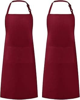 Syntus 2 Pack Adjustable Bib Apron Waterdrop Resistant with 2 Pockets Cooking Kitchen Aprons for Women Men Chef, Basic Red Dark, 26.8 × 33.1 inch