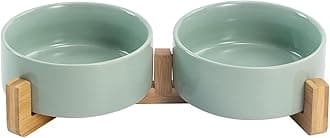 SPUNKYJUNKYCeramic Dog and Cat Bowl Set with Wooden Stand, Modern Cute Weighted Food Water Set for Small Size Dogs (13.5OZ) & Medium Sized Dogs (28.7OZ) & Cats (1.7 Cups, 2 × Light Green)