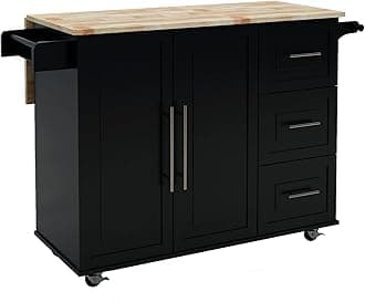 RASOOKitchen Island with Storage White Kitchen cart with Drop Leaf on Wheels Rubber Wood Table Top Kitchen Trolley with Towel Rack & Bottle Rack (R0068-1)