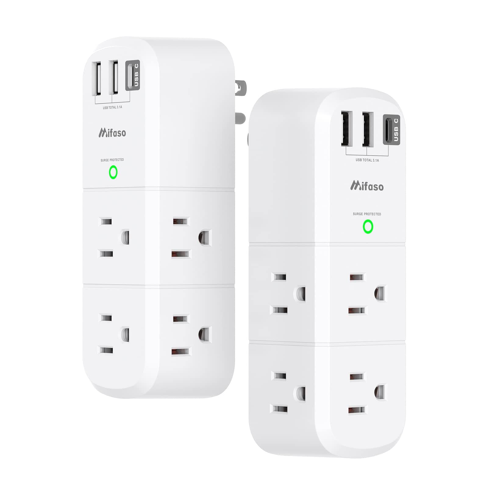 Surge Protector USB Outlet Extender - 2 Pack Power Outlet with 1800 Joules Protection, 6 Outlet Splitter with 3 USB Ports (1 USB C), USB Wall Charger Multi Plug Outlet