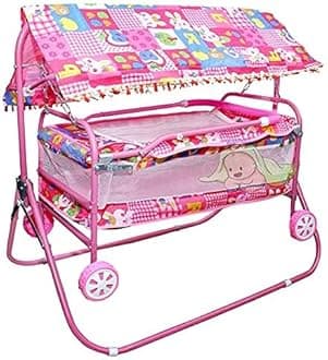 Baby Cradle for Newborn Babies with Deluxe Comfortable Kids jhula palna Swing with Foldable Design with Canopy for 0 to 2 Years .Pink Colour baggi for Boys and Girls (Peach Pink)