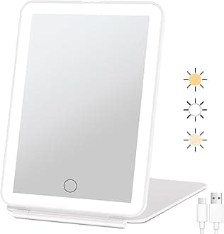 Rechargeable Travel Makeup Mirror with 72 Led Lights, Portable Lighted Beauty Mirror, 3 Color Lighting, Dimmable Touch Screen, Tabletop LED Folding Cosmetic Vanity Mirror