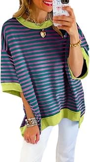 SHEWIN Womens Tops Casual Short Sleeve Sweatshirt Crewneck Striped Shirt Pullover T Shirts Loose Blouses