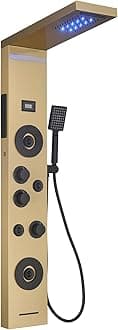 Brushed Gold Shower Panel LED Rainfall Shower Head, Bathroom Shower Panel Tower System Body Massage 6-Functions Temperature Display Wall Mount, Gold