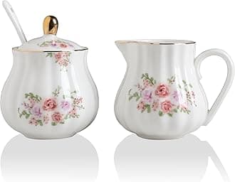 Royal Ceramic Sugar and Creamer Set, 3 Piece Set with Cream Pitcher, Sugar Bowl, Sugar Set with Lid & Spoon, Coffee Serving Set Wedding Gift (Sugar and Creamer Set, Rose Flower)