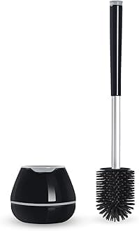 BOOMJOY Toilet Brush and Holder: Silicone Toilet Bowl Brush with Tweezers for Bathroom RV - Aluminum Handle Cleaner Brushes for Toilet - Black & White