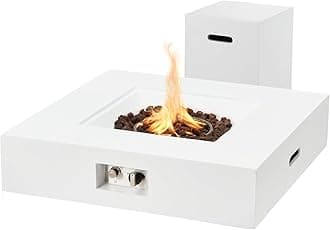 ECOTOUGE 2-Piece Propane Fire Pit Table, 32" Outdoor Gas Fire Pit with Tank Holder, 50,000 BTU Square Concrete Fire Table with Shelves, Patio Fire Pits with Auto-Ignition, Free Lava Rocks, White