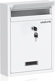 Uniclife Wall Mount Mailbox for Outside, Locking Mailbox, Large Mailbox with Key Lock, Security Mail Box for House, Safe Key Drop Box, Post Box, Steel Cash Drop Box for Home Office School, White