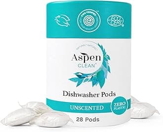 AspenClean Unscented Dishwasher Pods , 28 Count, Zero Plastic, Plant-Based Natural Dishwasher Detergent Pacs - Powerful Eco-Friendly, Pet & Baby Safe, EWG Verified™ & A Rated