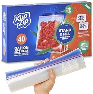 XupZip 40 x Premium Food Storage Freezer Bags ™ | Large UK Gallon Size 4.55L, Reusable, Heavy-Duty Plastic | Airtight and Leakproof Bamboo Seal | BPA Free… (Gallon / 4.55L - 40 Bags)