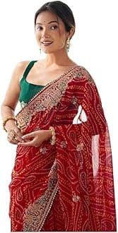 Women's Georgette Bandhani Printed Sequence Embroidery Lace Saree With Unstitched Blouse Piece