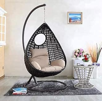 Blissful Backyards India Single Seater Swing Chair with Stand & Cushion Outdoor Indoor Balcony Garden Patio,Powder Coated Frame,UV Protected Wicker,Premium Cushion AF_in_035